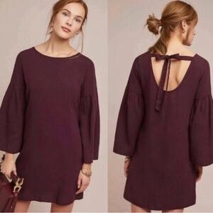 Anthropologie Cloth & Stone Purple Eggplant Bell Sleeve Tie Back Dress size L